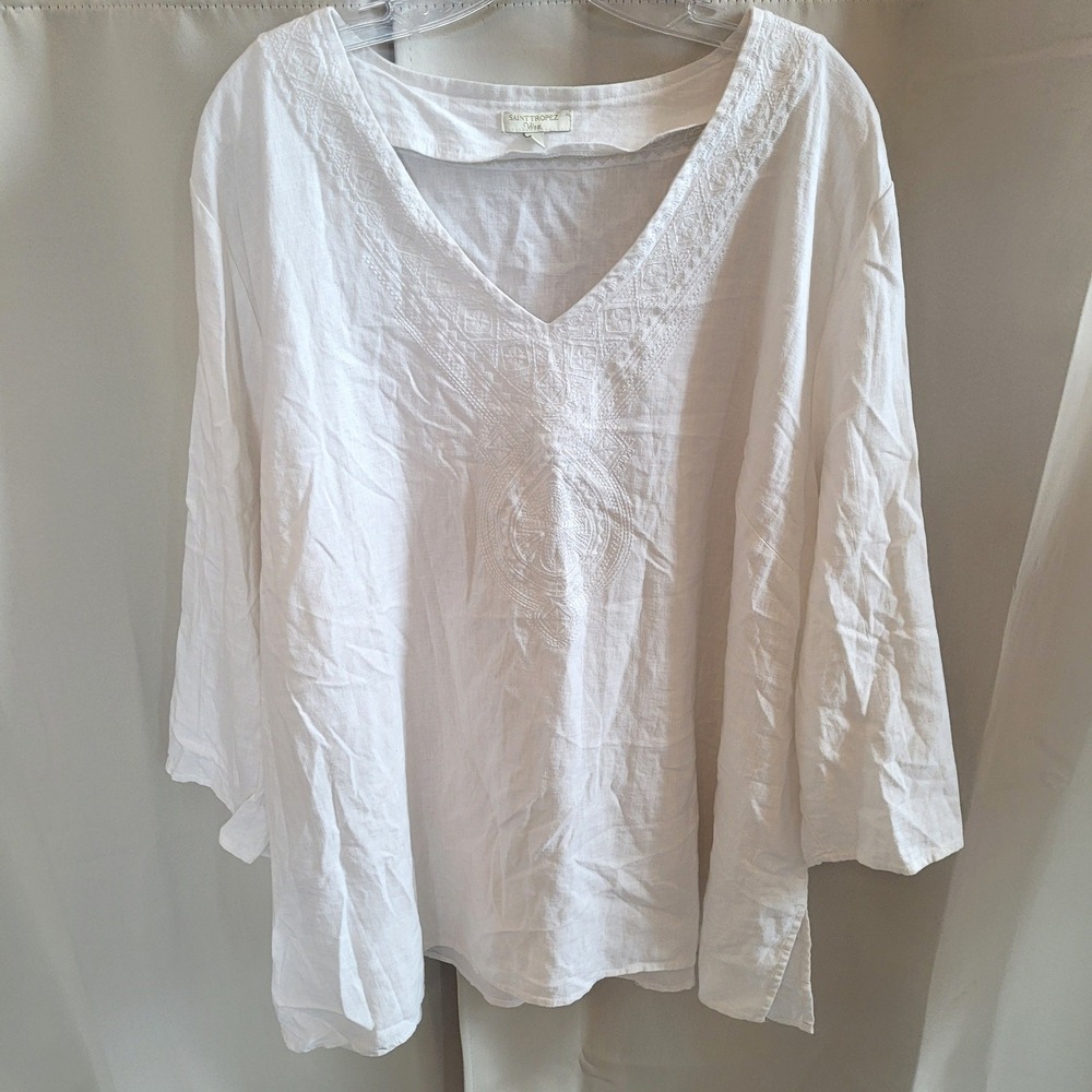 Saint Tropez West Womens Top 2X Embroidered Linen Blend Boho Coastal Flowy 21748